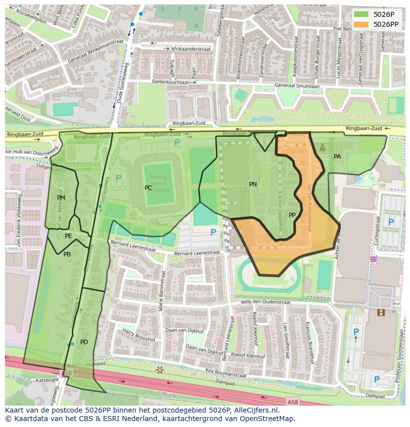 Afbeelding van het postcodegebied 5026 PP op de kaart.