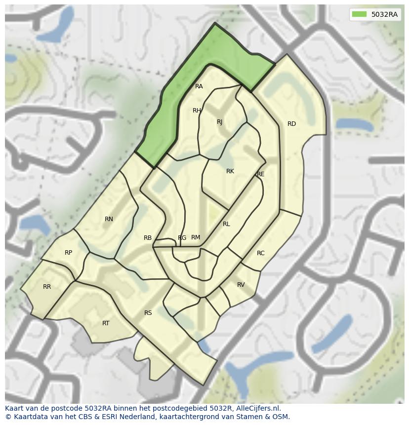 Afbeelding van het postcodegebied 5032 RA op de kaart.