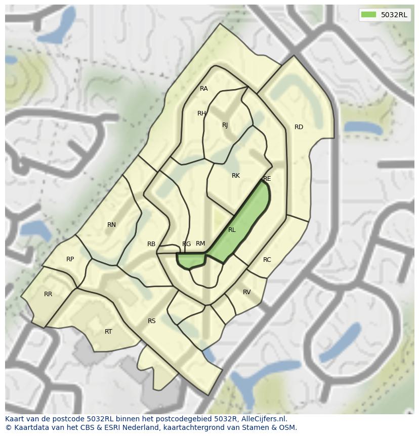 Afbeelding van het postcodegebied 5032 RL op de kaart.