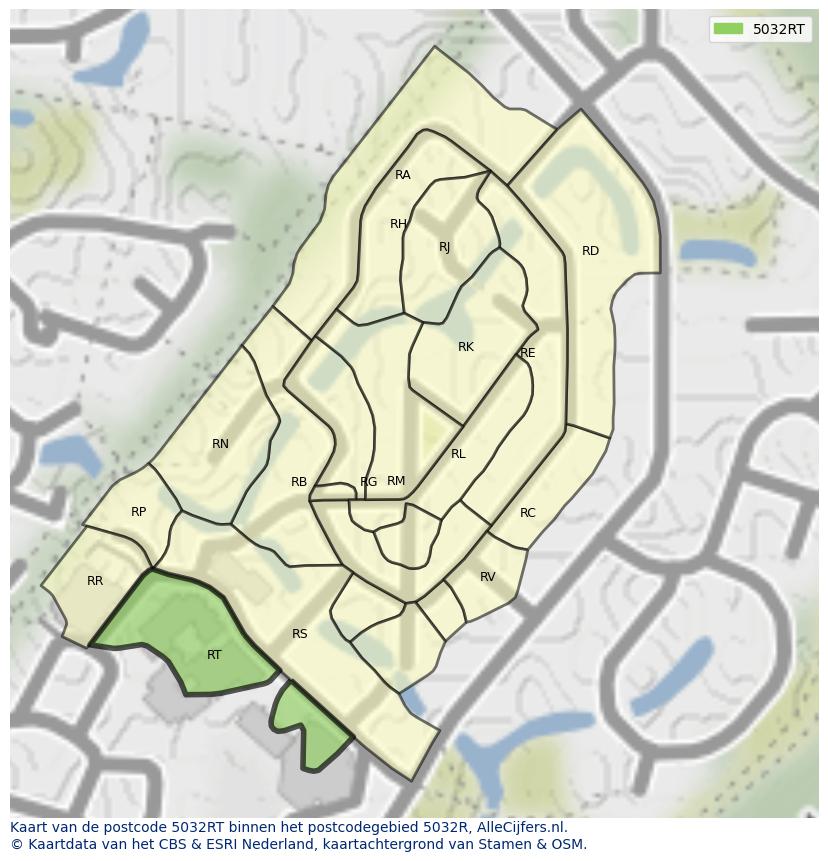 Afbeelding van het postcodegebied 5032 RT op de kaart.