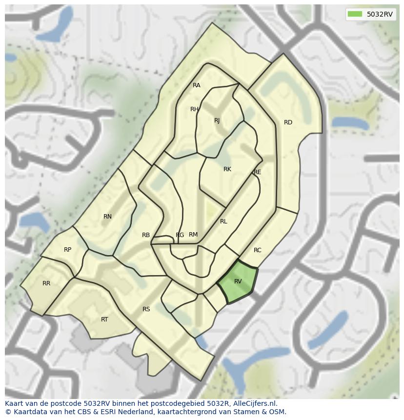 Afbeelding van het postcodegebied 5032 RV op de kaart.