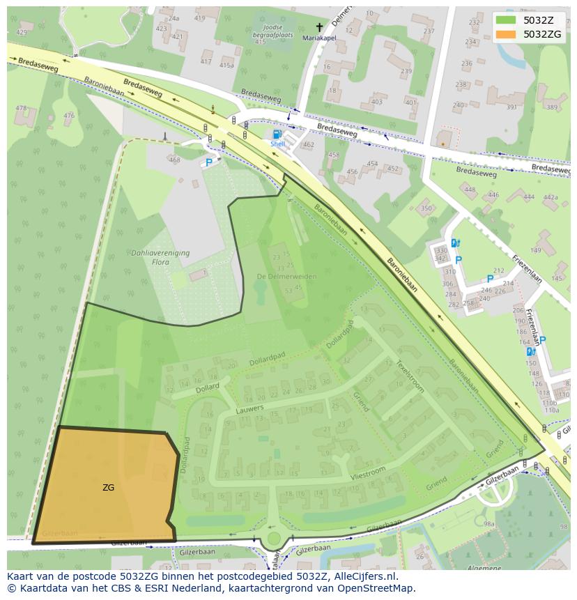 Afbeelding van het postcodegebied 5032 ZG op de kaart.
