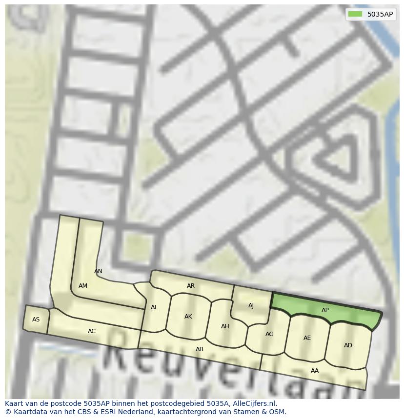 Afbeelding van het postcodegebied 5035 AP op de kaart.