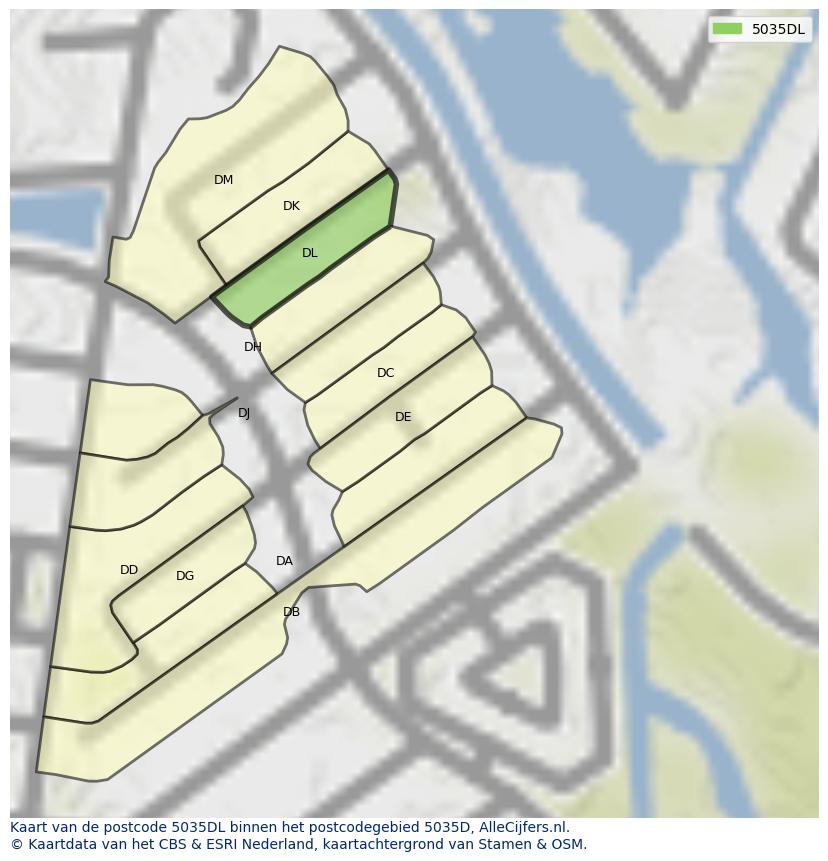 Afbeelding van het postcodegebied 5035 DL op de kaart.