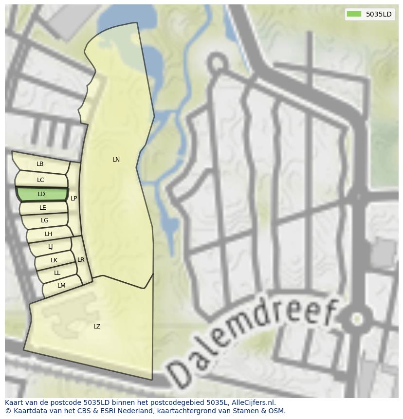 Afbeelding van het postcodegebied 5035 LD op de kaart.