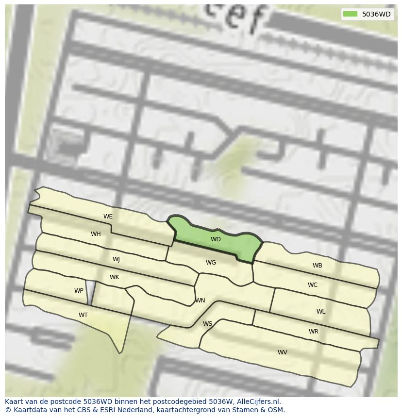 Afbeelding van het postcodegebied 5036 WD op de kaart.