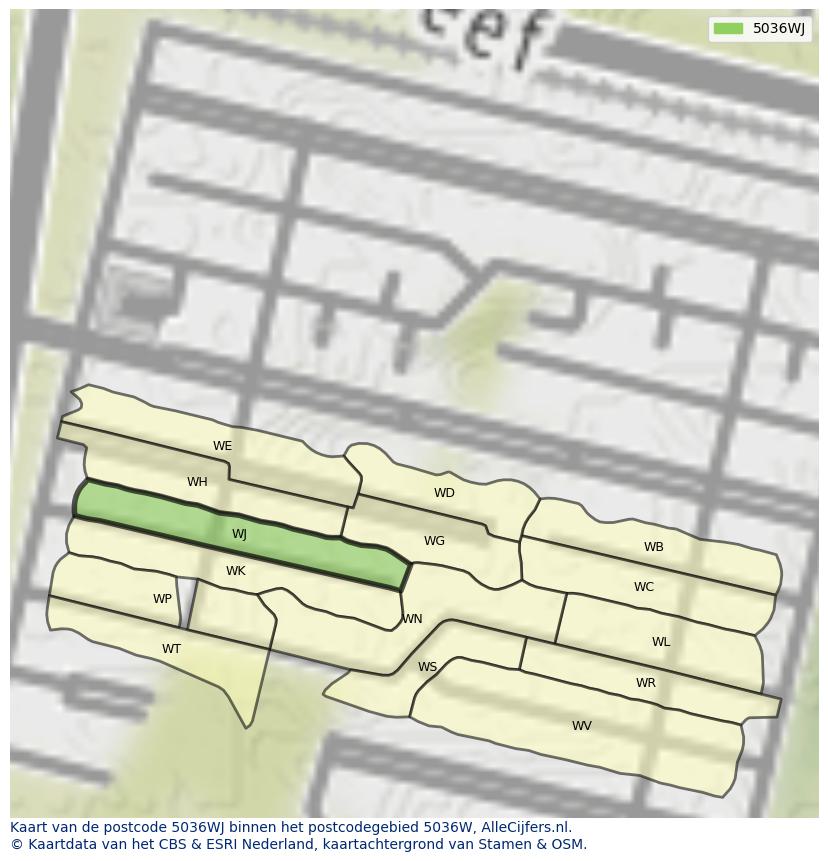 Afbeelding van het postcodegebied 5036 WJ op de kaart.
