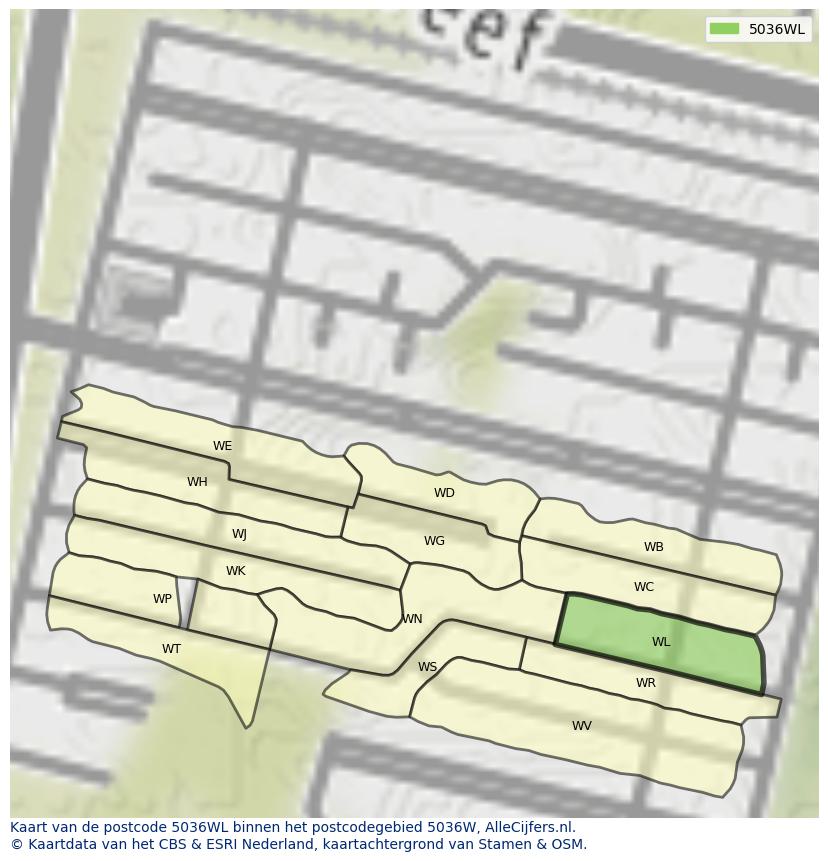 Afbeelding van het postcodegebied 5036 WL op de kaart.