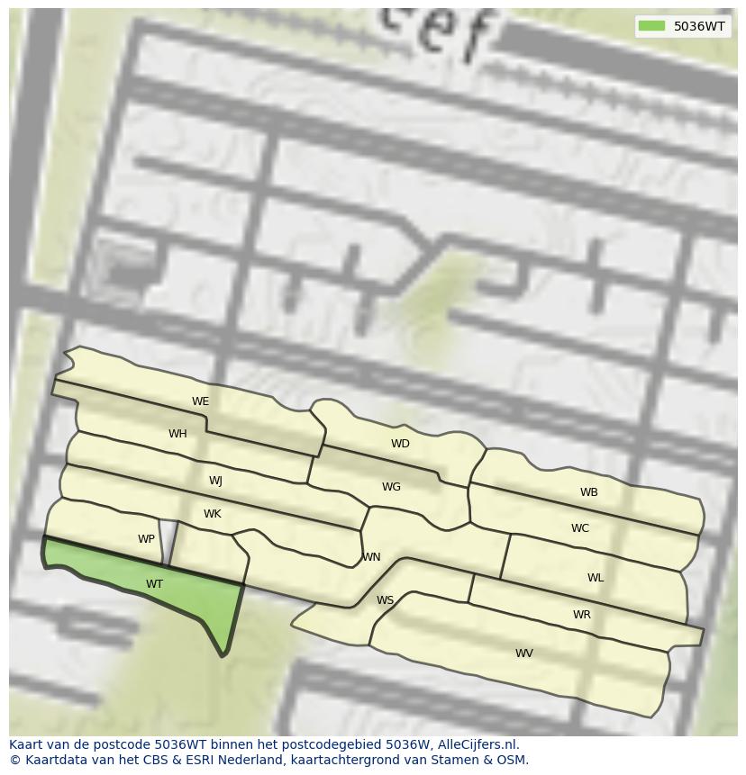 Afbeelding van het postcodegebied 5036 WT op de kaart.