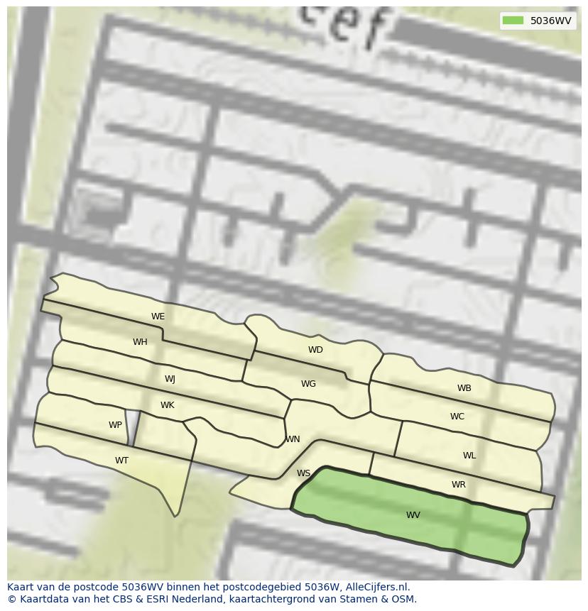 Afbeelding van het postcodegebied 5036 WV op de kaart.