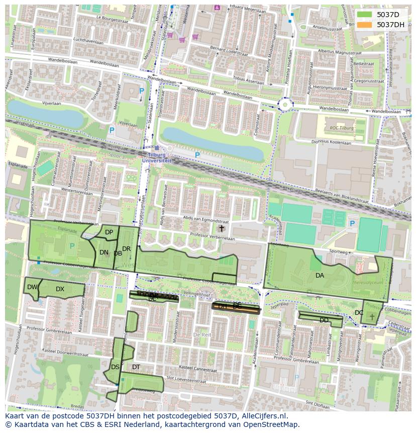 Afbeelding van het postcodegebied 5037 DH op de kaart.