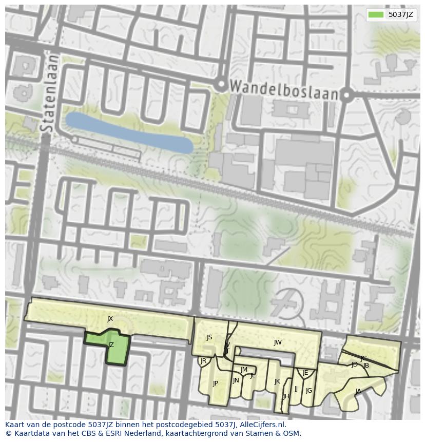 Afbeelding van het postcodegebied 5037 JZ op de kaart.