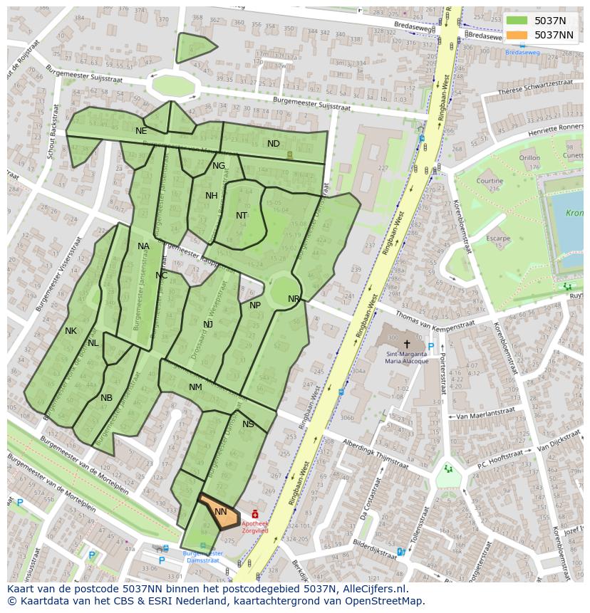 Afbeelding van het postcodegebied 5037 NN op de kaart.