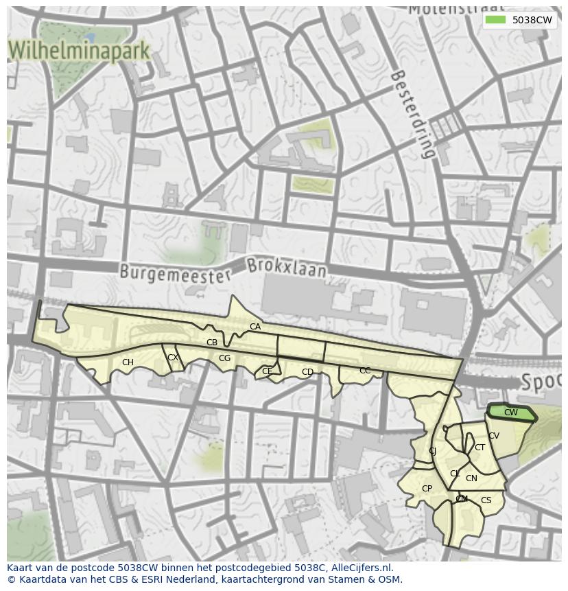 Afbeelding van het postcodegebied 5038 CW op de kaart.