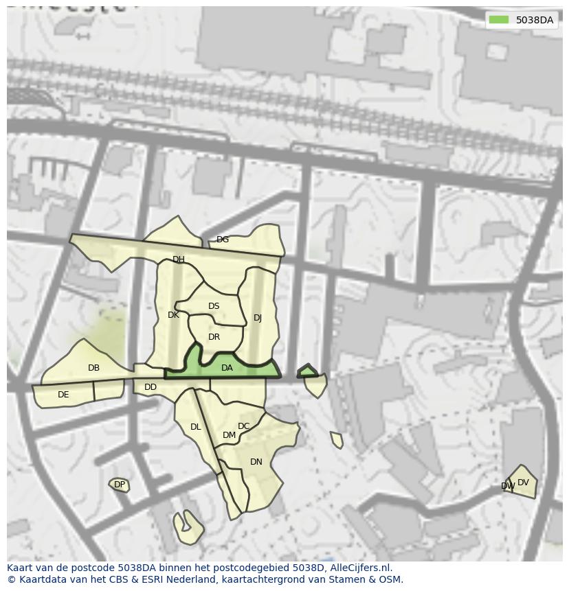 Afbeelding van het postcodegebied 5038 DA op de kaart.