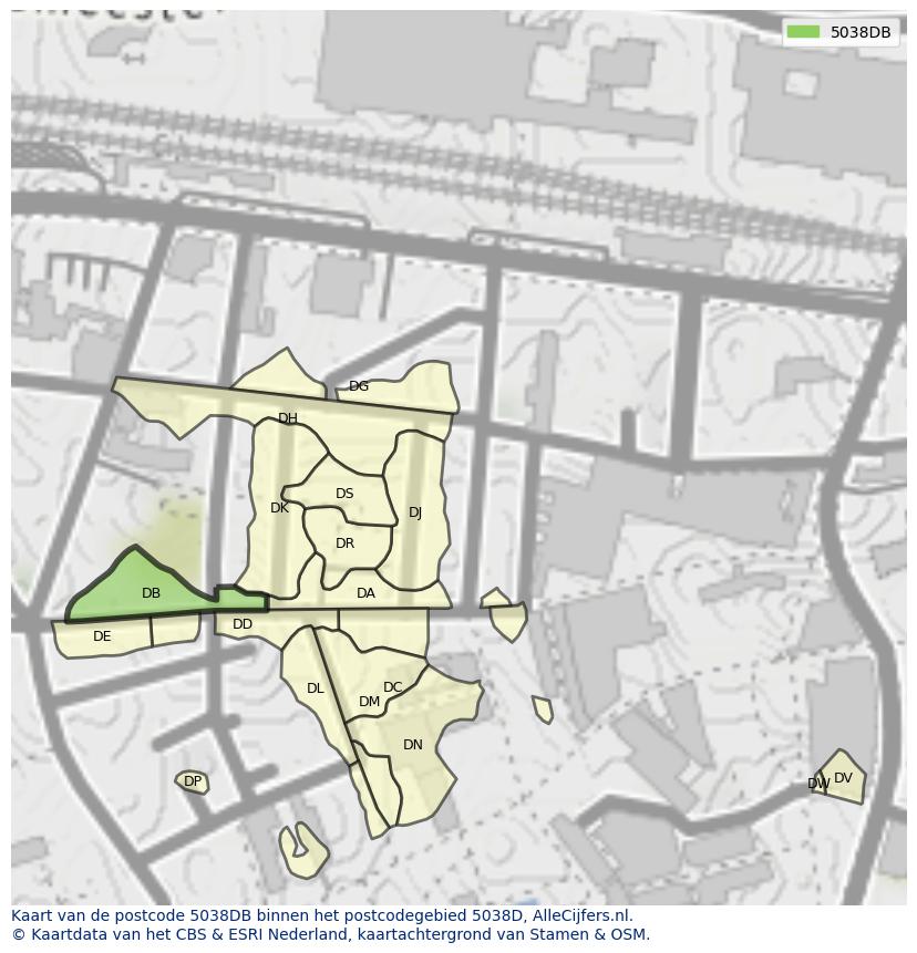 Afbeelding van het postcodegebied 5038 DB op de kaart.