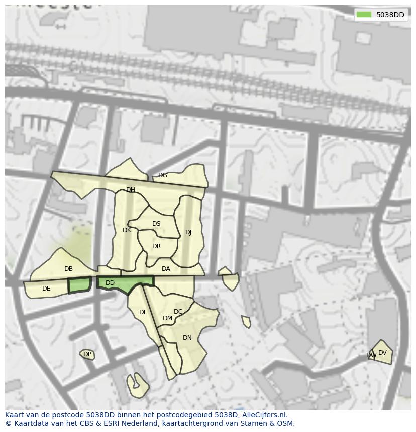 Afbeelding van het postcodegebied 5038 DD op de kaart.