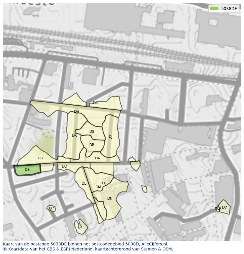 Afbeelding van het postcodegebied 5038 DE op de kaart.