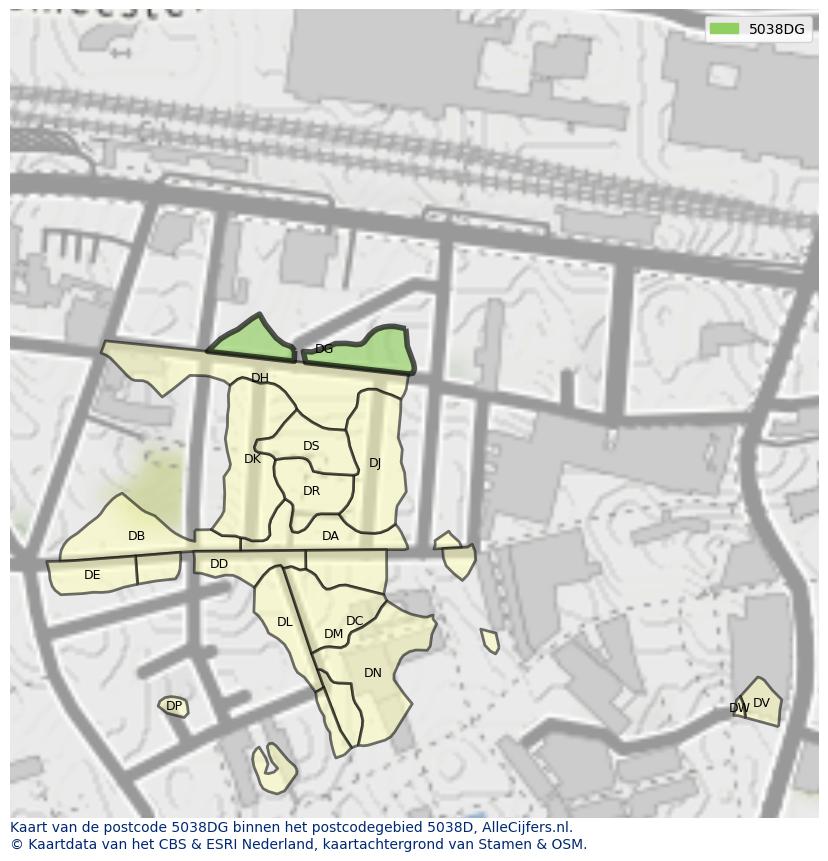 Afbeelding van het postcodegebied 5038 DG op de kaart.