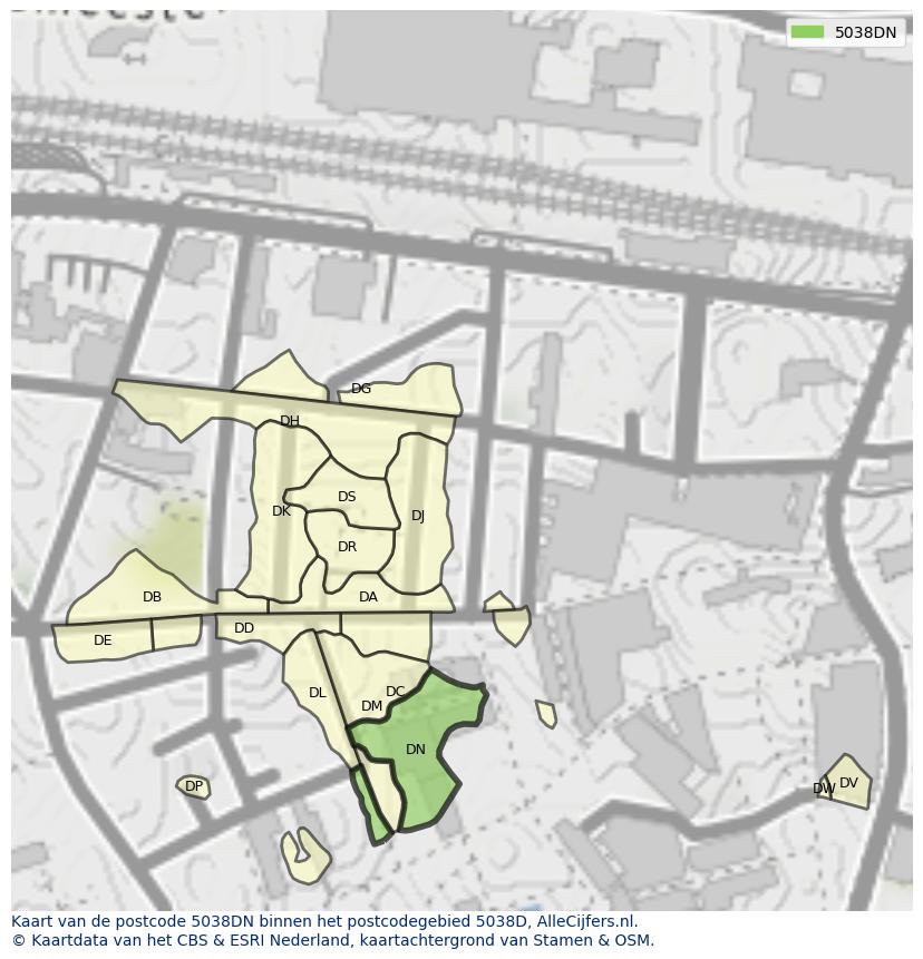 Afbeelding van het postcodegebied 5038 DN op de kaart.