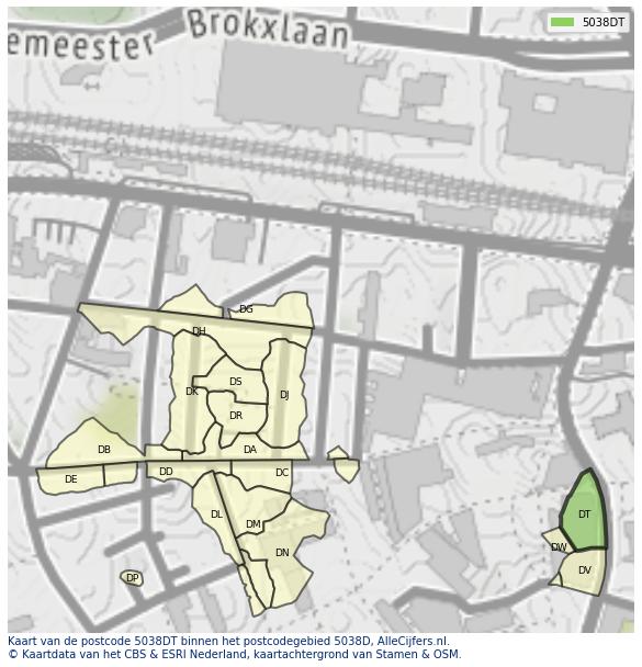 Afbeelding van het postcodegebied 5038 DT op de kaart.