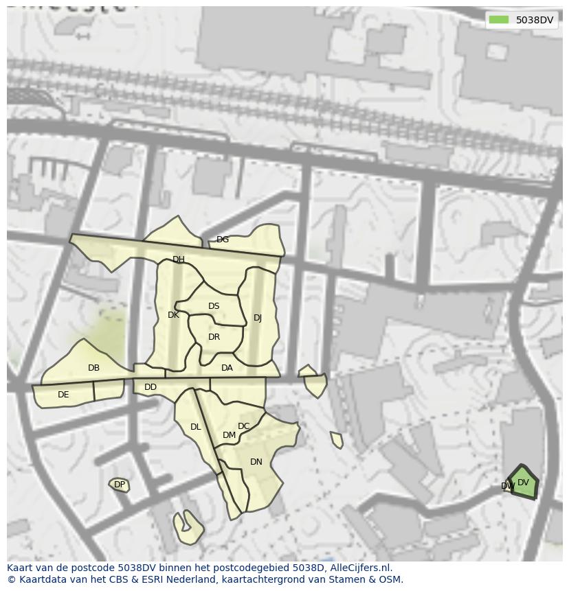 Afbeelding van het postcodegebied 5038 DV op de kaart.