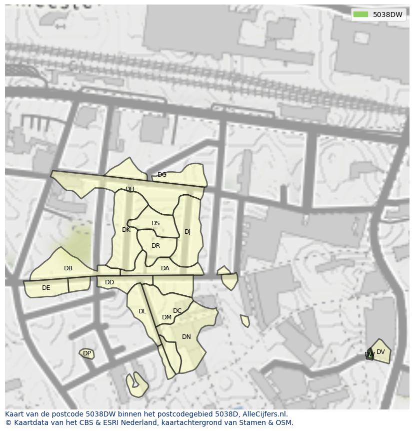 Afbeelding van het postcodegebied 5038 DW op de kaart.