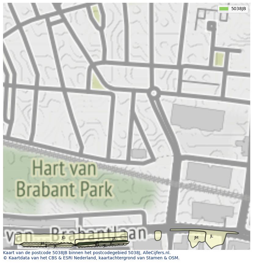 Afbeelding van het postcodegebied 5038 JB op de kaart.