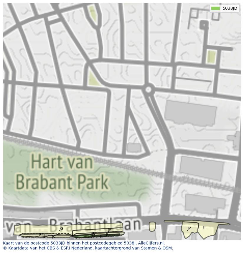 Afbeelding van het postcodegebied 5038 JD op de kaart.