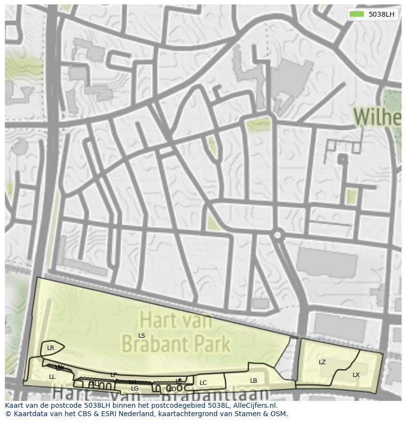 Afbeelding van het postcodegebied 5038 LH op de kaart.