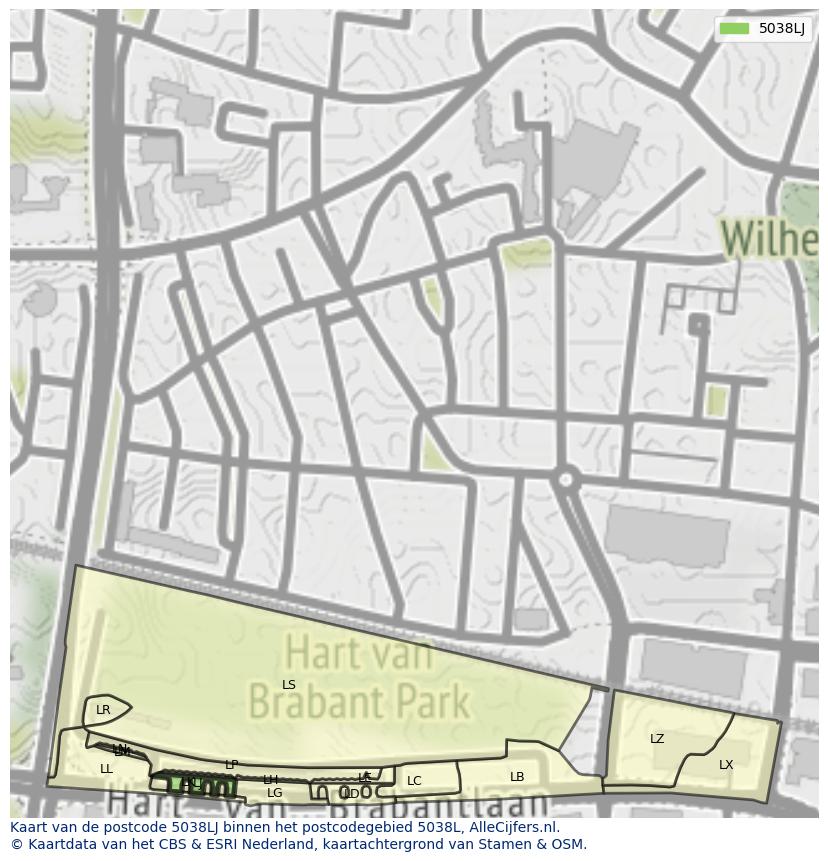 Afbeelding van het postcodegebied 5038 LJ op de kaart.