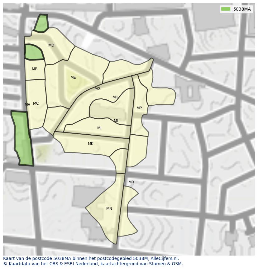 Afbeelding van het postcodegebied 5038 MA op de kaart.