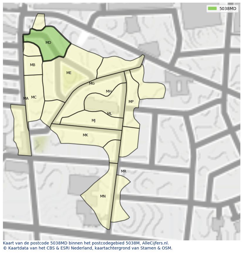 Afbeelding van het postcodegebied 5038 MD op de kaart.