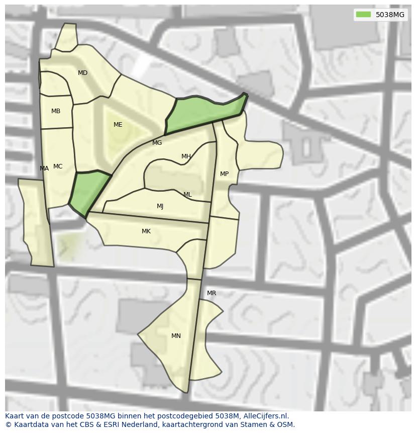 Afbeelding van het postcodegebied 5038 MG op de kaart.
