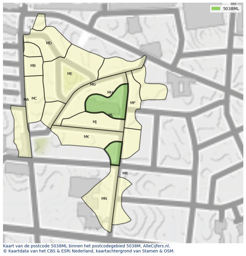 Afbeelding van het postcodegebied 5038 ML op de kaart.