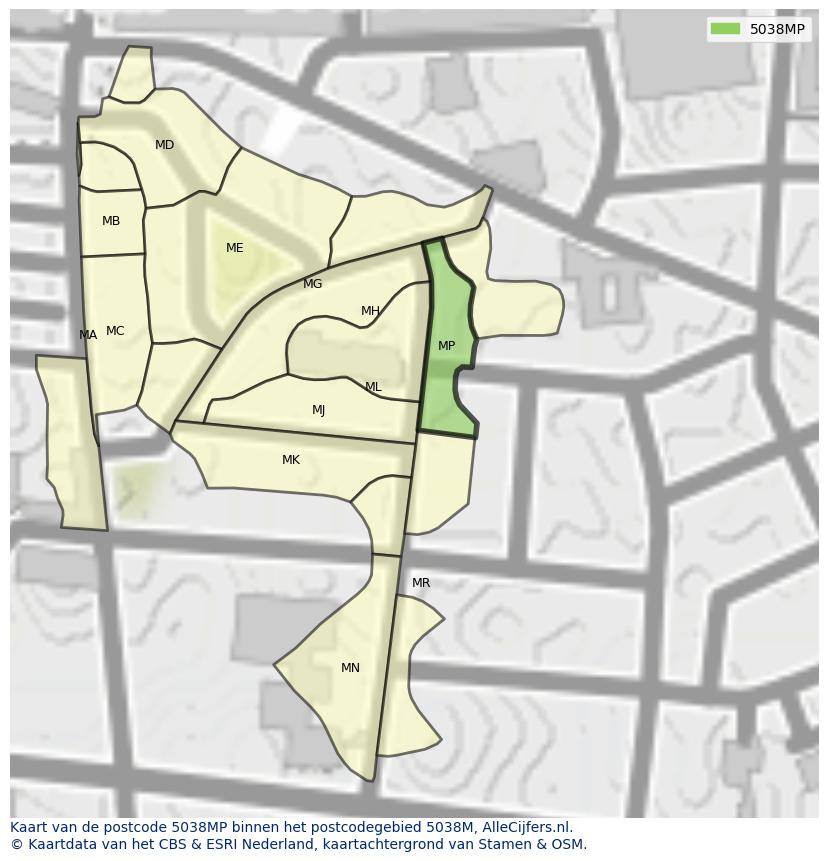 Afbeelding van het postcodegebied 5038 MP op de kaart.