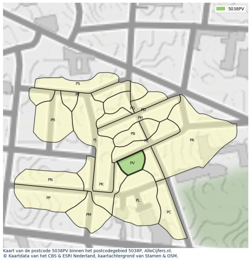 Afbeelding van het postcodegebied 5038 PV op de kaart.