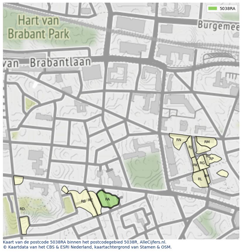 Afbeelding van het postcodegebied 5038 RA op de kaart.