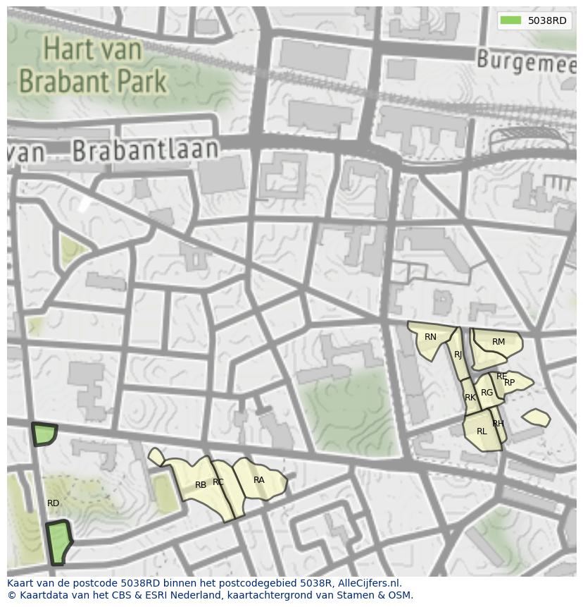 Afbeelding van het postcodegebied 5038 RD op de kaart.