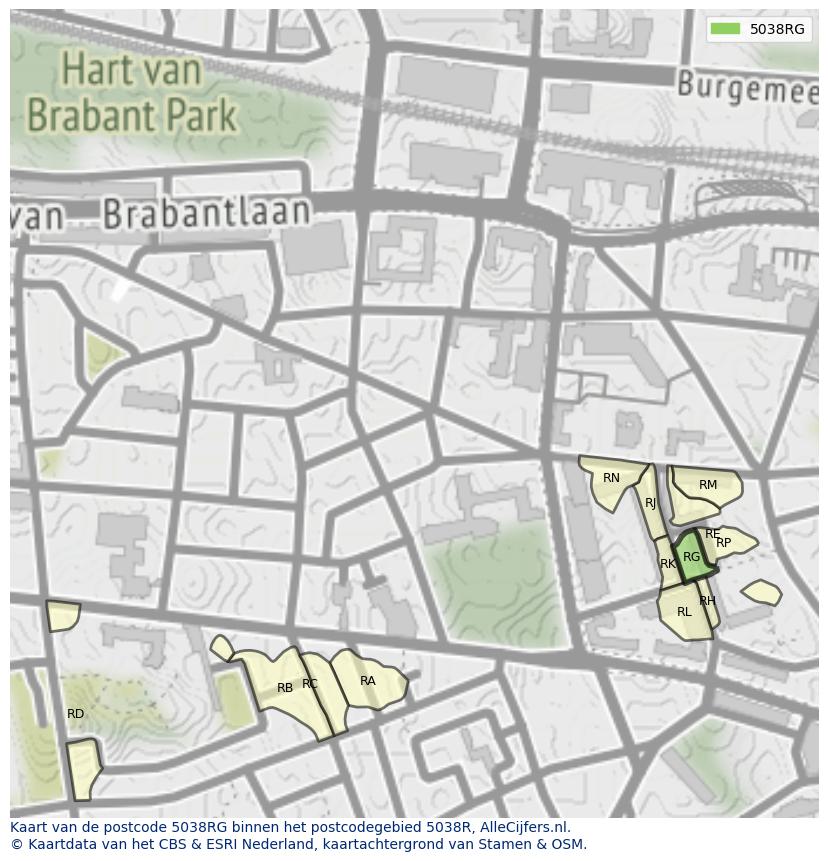 Afbeelding van het postcodegebied 5038 RG op de kaart.