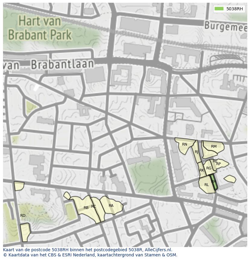 Afbeelding van het postcodegebied 5038 RH op de kaart.