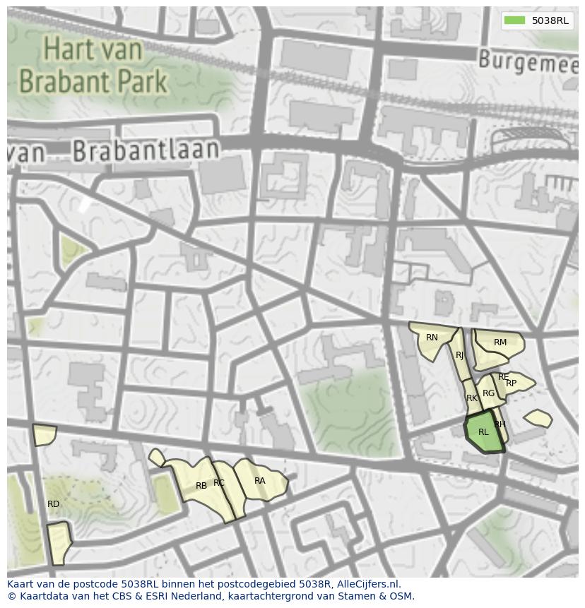 Afbeelding van het postcodegebied 5038 RL op de kaart.