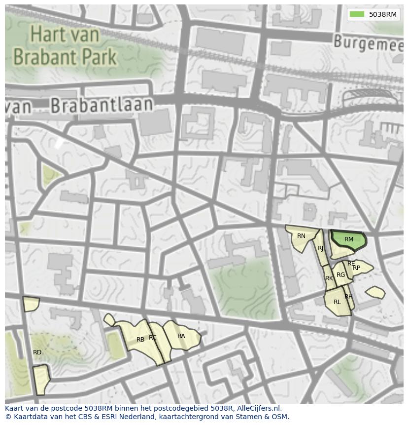 Afbeelding van het postcodegebied 5038 RM op de kaart.