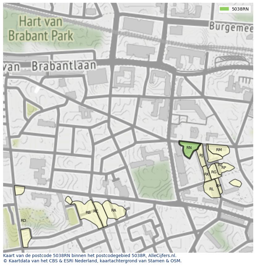 Afbeelding van het postcodegebied 5038 RN op de kaart.