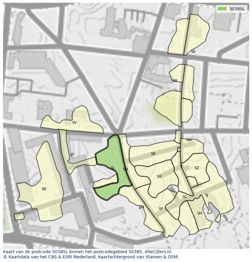 Afbeelding van het postcodegebied 5038 SL op de kaart.