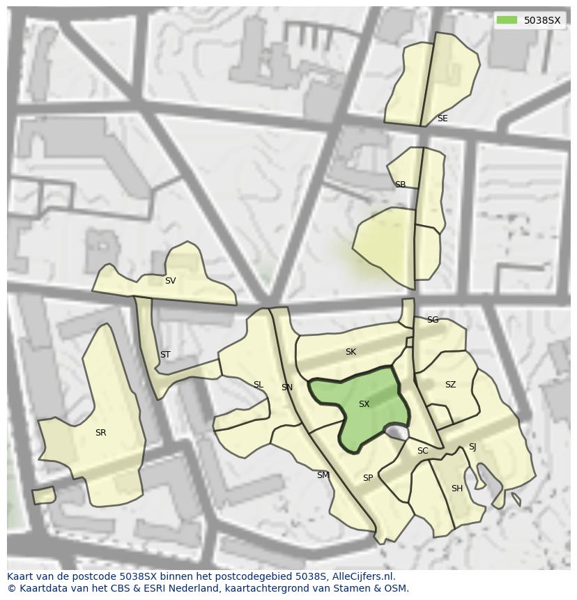 Afbeelding van het postcodegebied 5038 SX op de kaart.