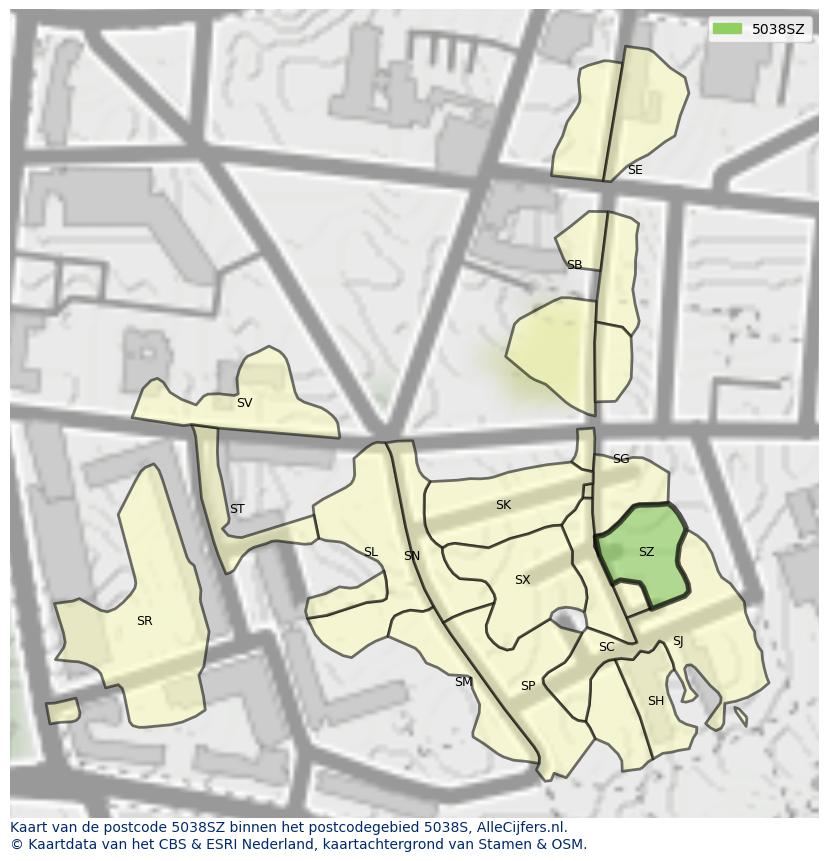 Afbeelding van het postcodegebied 5038 SZ op de kaart.