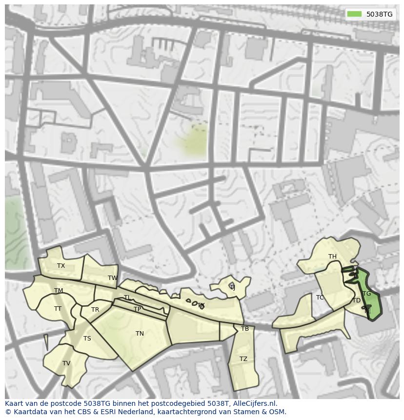 Afbeelding van het postcodegebied 5038 TG op de kaart.