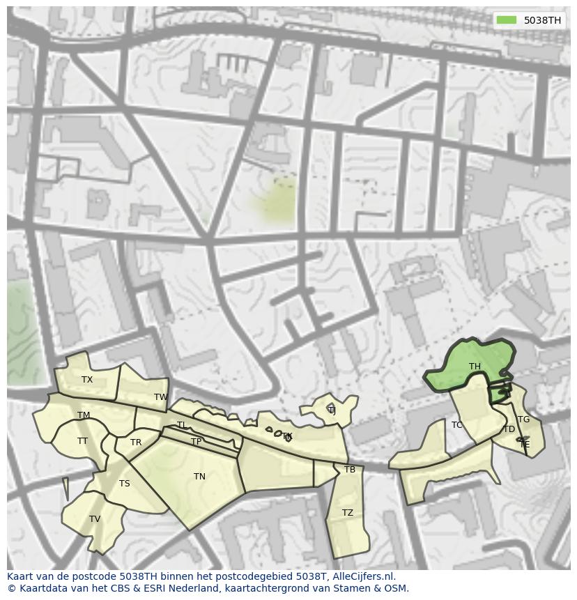 Afbeelding van het postcodegebied 5038 TH op de kaart.