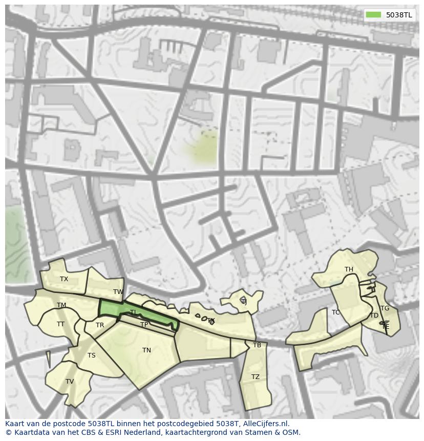 Afbeelding van het postcodegebied 5038 TL op de kaart.